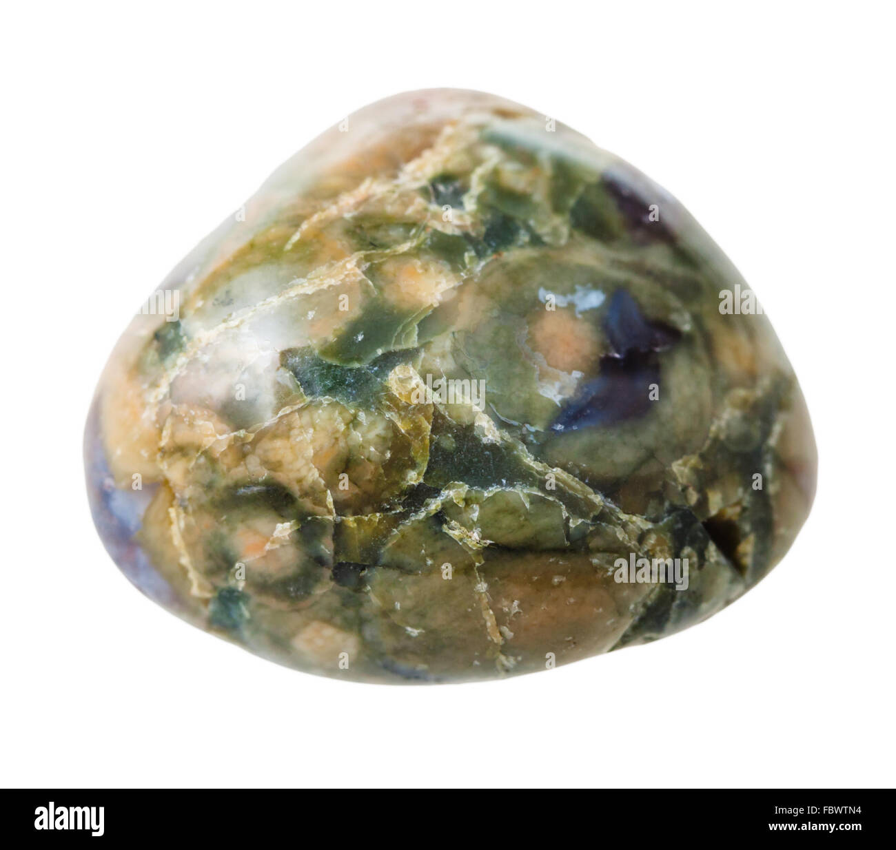 natürliche mineralische Edelstein - ein wenig Grün Rhyolith (Regenwald-Jaspis) Edelstein isoliert auf weißem Hintergrund hautnah Stockfoto