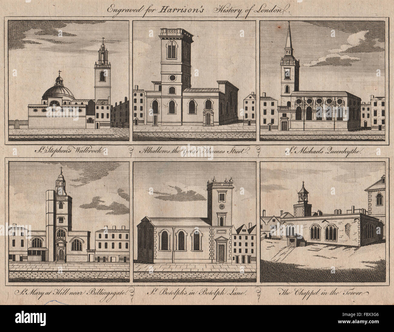 Stadt Kirchen St. Stephen Walbrook. St. Michael Queenhithe. St Mary Hill, 1775 Stockfoto