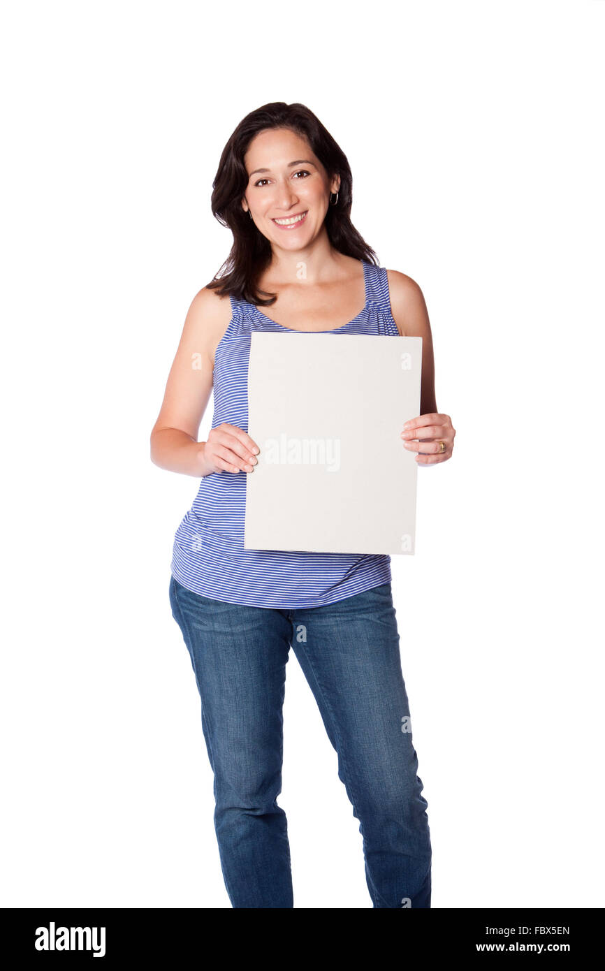 Glückliche Frau Holding whiteboard Stockfoto