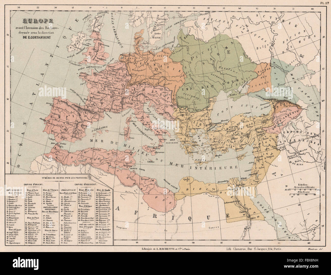 EUROPA VOR DER INVASION DER BARBAREN. Eastern & Western Roman reiche, 1880-Karte Stockfoto