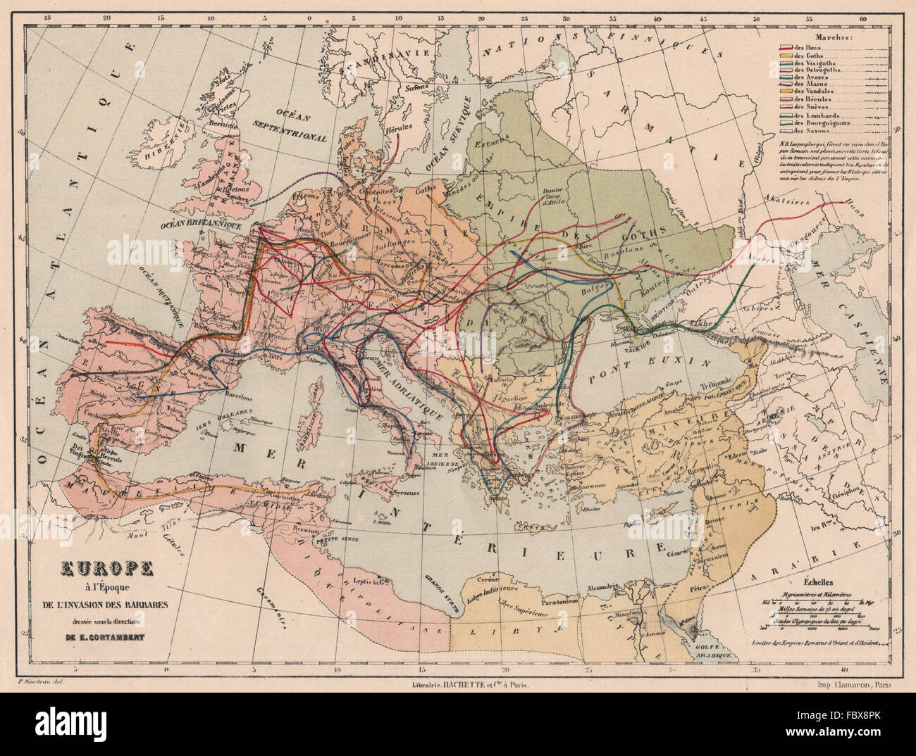 Europa-Barbar INVASIONS/Migration.Huns Goten Vandalen Saxons Lombards 1880 Karte Stockfoto