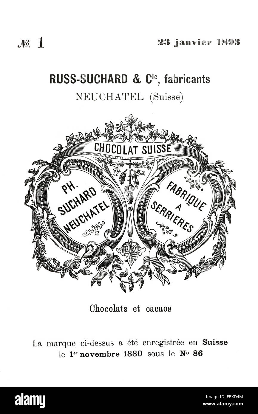 Historische Markenzeichen für Swiss Chocolat Suchard, Neuenburg 1893 geschützt zuerst International Marke Stockfoto