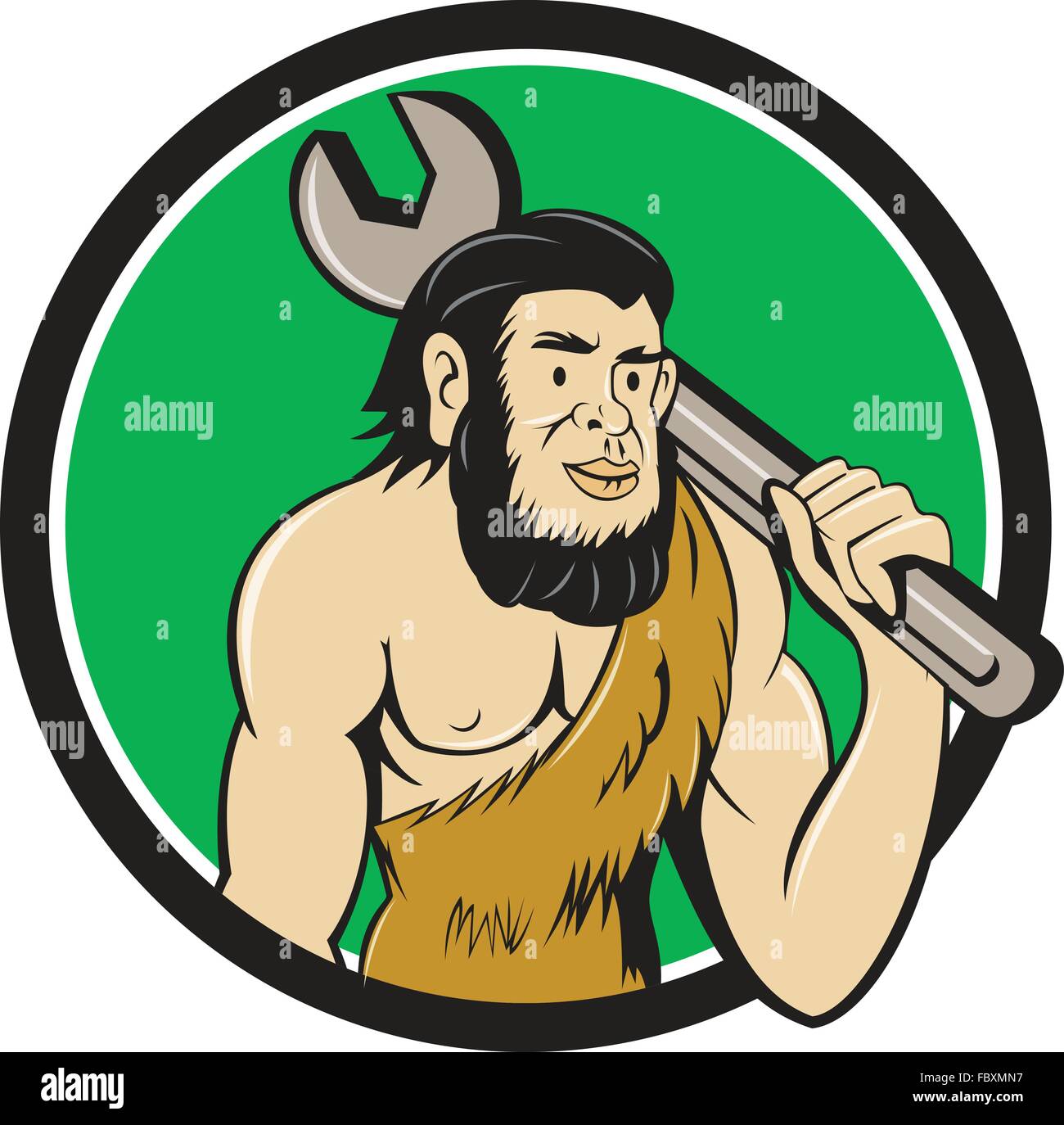 Abbildung eines Neandertalers oder Höhlenmensch tragen Schraubenschlüssel auf Schulter legen im inneren Kreis auf isolierte Hintergrund getan im Cartoon-Stil. Stock Vektor