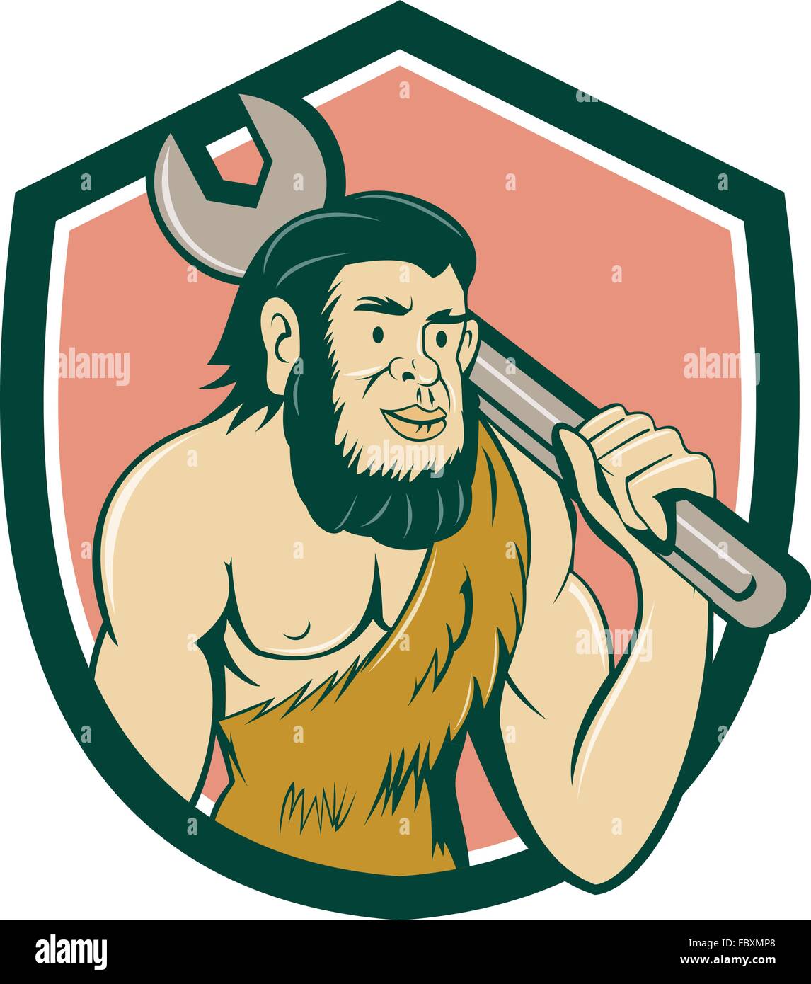 Abbildung eines Neandertalers oder Höhlenmensch tragen Schraubenschlüssel auf Schulter legen im Wappen auf isolierte Hintergrund getan im Cartoon-Stil. Stock Vektor