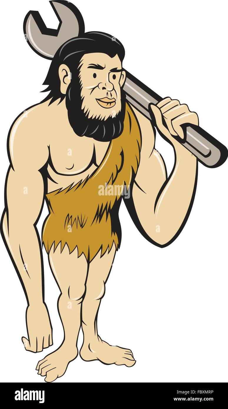 Abbildung eines Neandertaler oder Höhlenmensch stehend tragen Schraubenschlüssel auf Schulter legen auf isolierten weißen Hintergrund im Cartoon-Stil gemacht. Stock Vektor