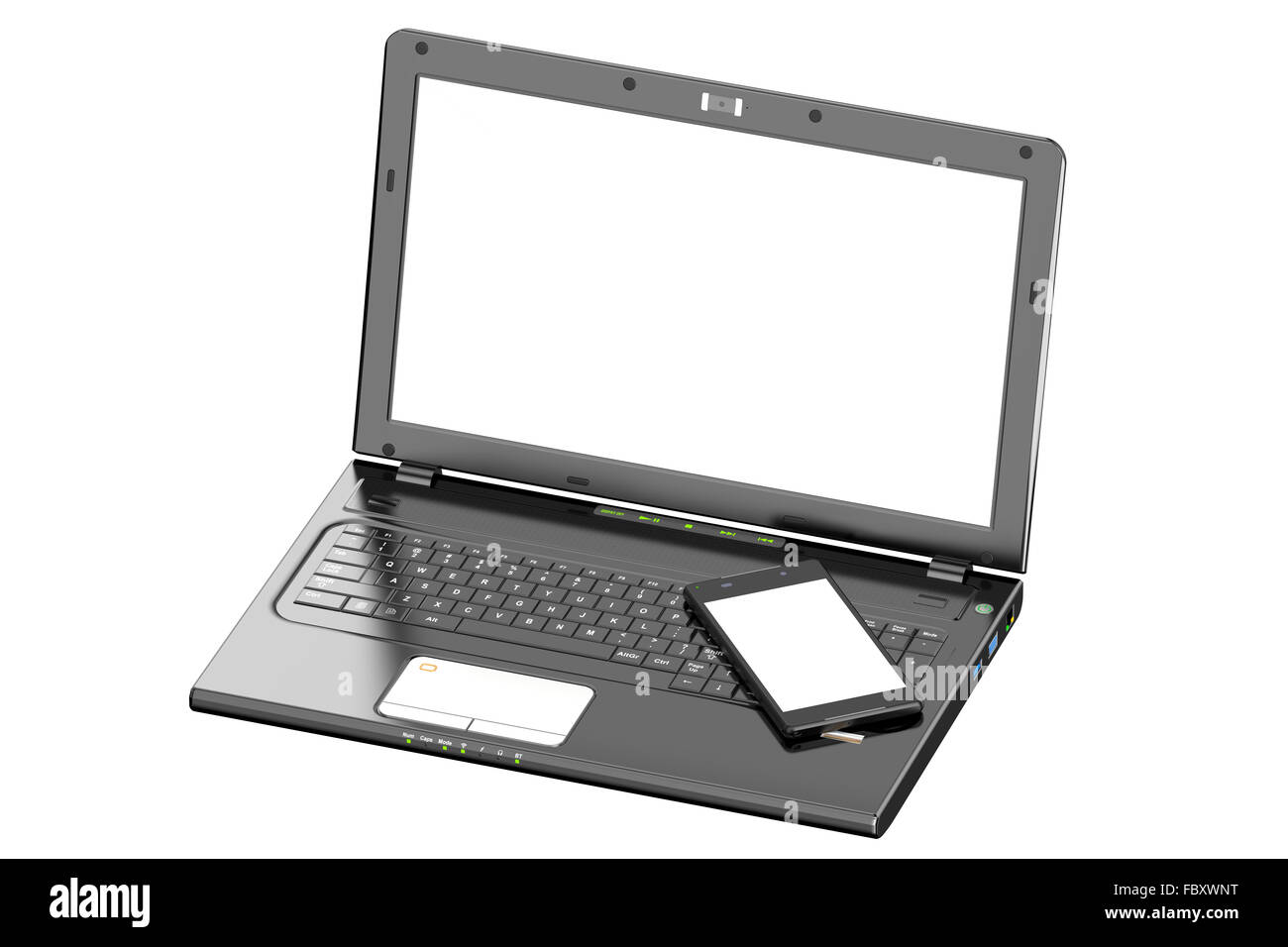 Laptop und Smartphone mit weißen Schirm isoliert auf weißem Hintergrund Stockfoto
