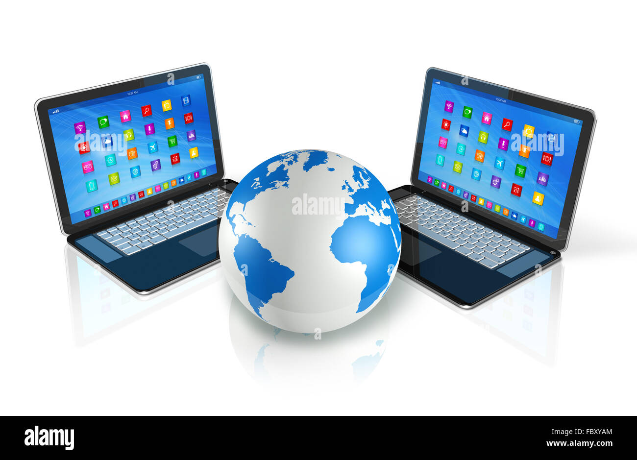 Laptop-Computer rund um den Globus Stockfoto