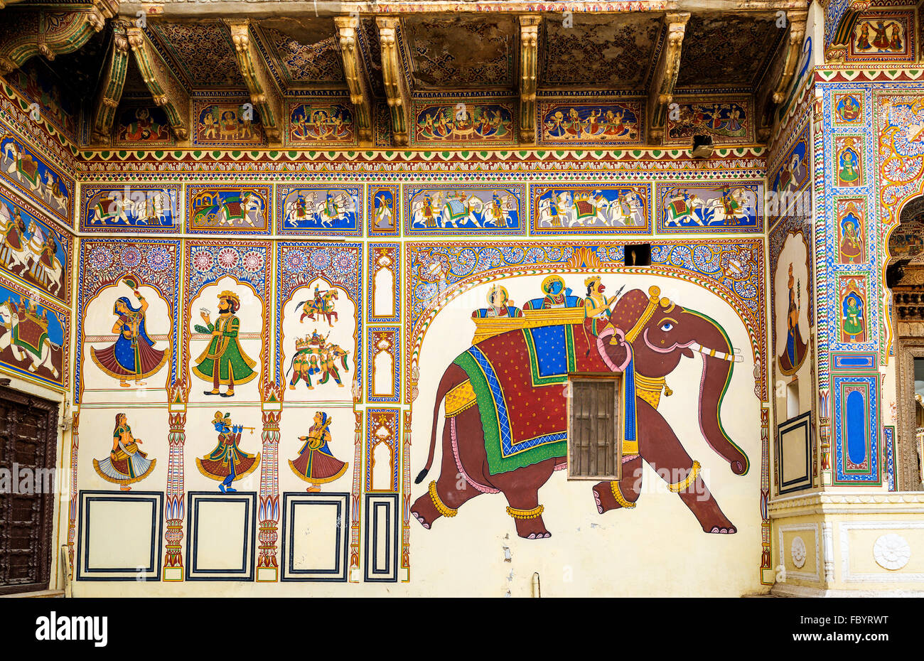 Kunstvoll verziert Fresken bemalten Havelis in Mandawa, traditionelle Residenz, Indien. Rajasthan Stockfoto