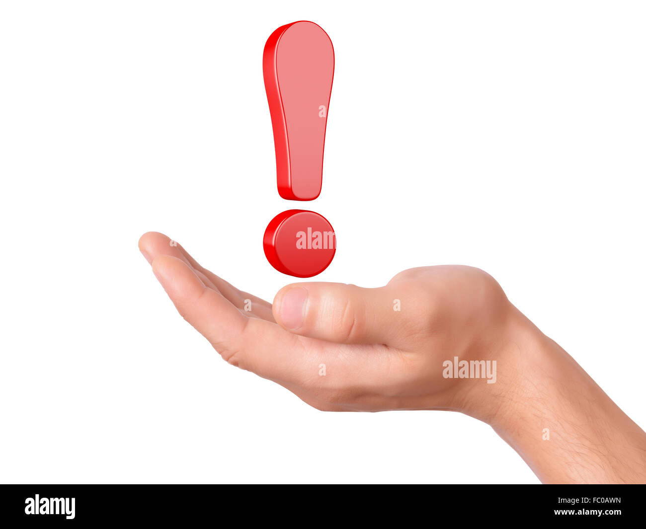 Hand halten rotes Ausrufezeichen auf weißem Hintergrund Stockfoto
