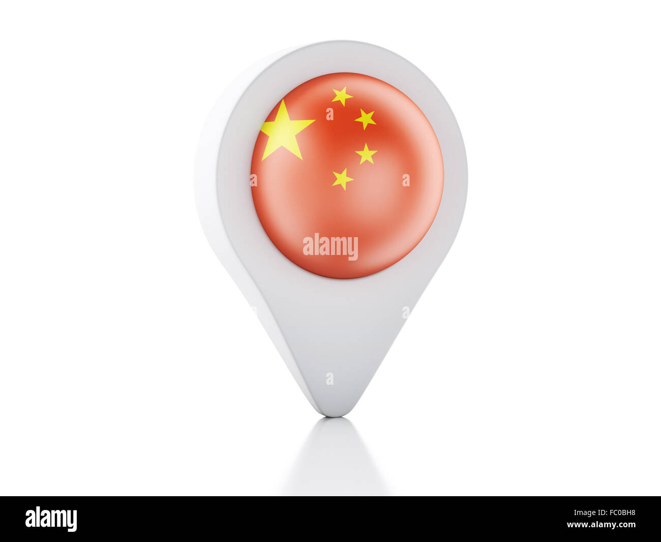 3D Kartenzeiger China Flagge Symbol auf weißem Hintergrund Stockfoto