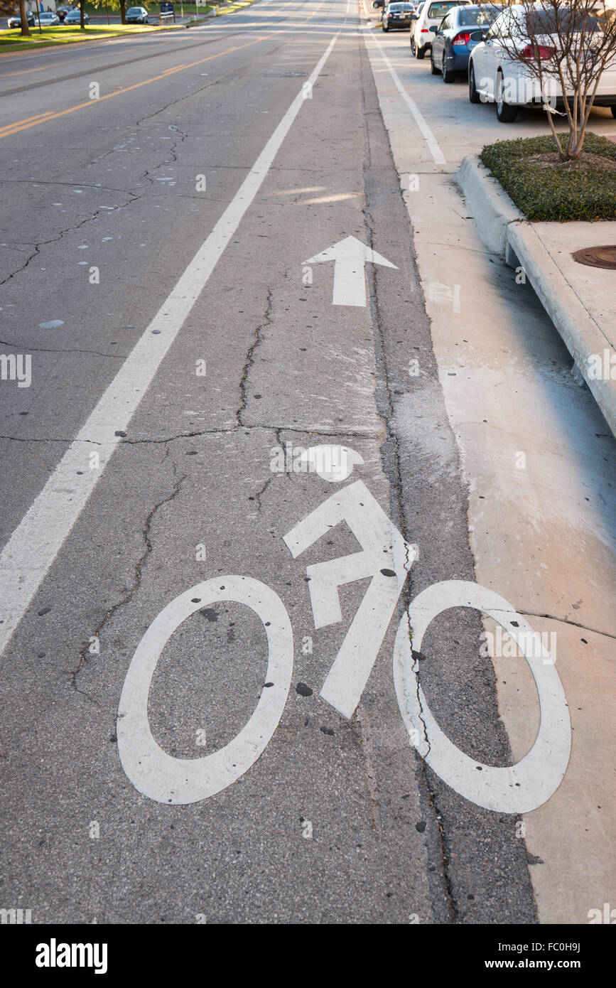 Fahrrad auf einem Radweg mit Pfeil in Richtung zu unterzeichnen Stockfoto