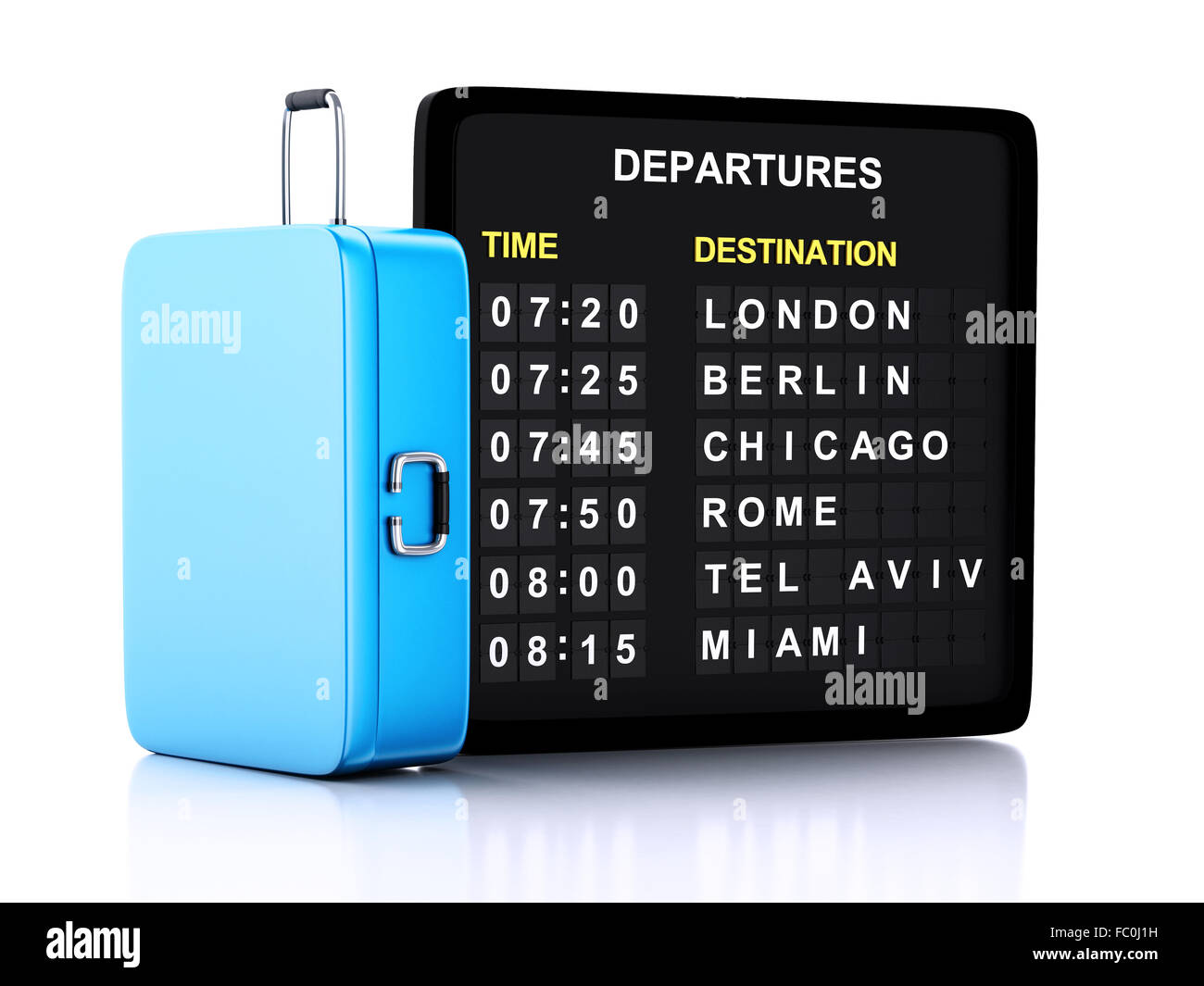 3D Flughafen an Bord und Reisekoffer auf weißen bac Stockfoto