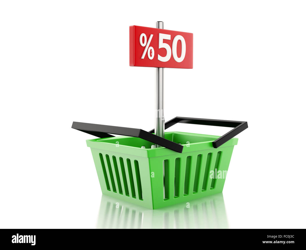 3D Warenkorb mit 50 Prozent-Zeichen auf weiß b Stockfoto