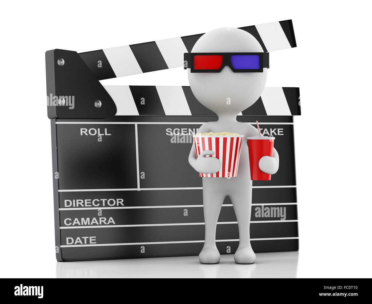 3D weißer Mann mit Klappe, Popcorn und Getränk Stockfoto