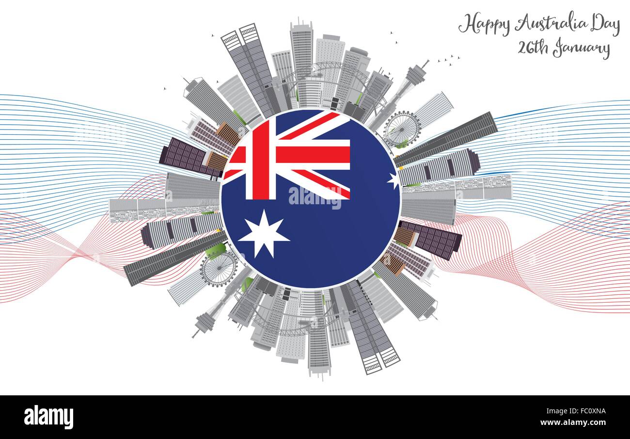 Australia Day Background mit grauen Gebäuden. Nationalfeiertag-Karte mit textfreiraum und Linien. Vektor-Illustration Stock Vektor