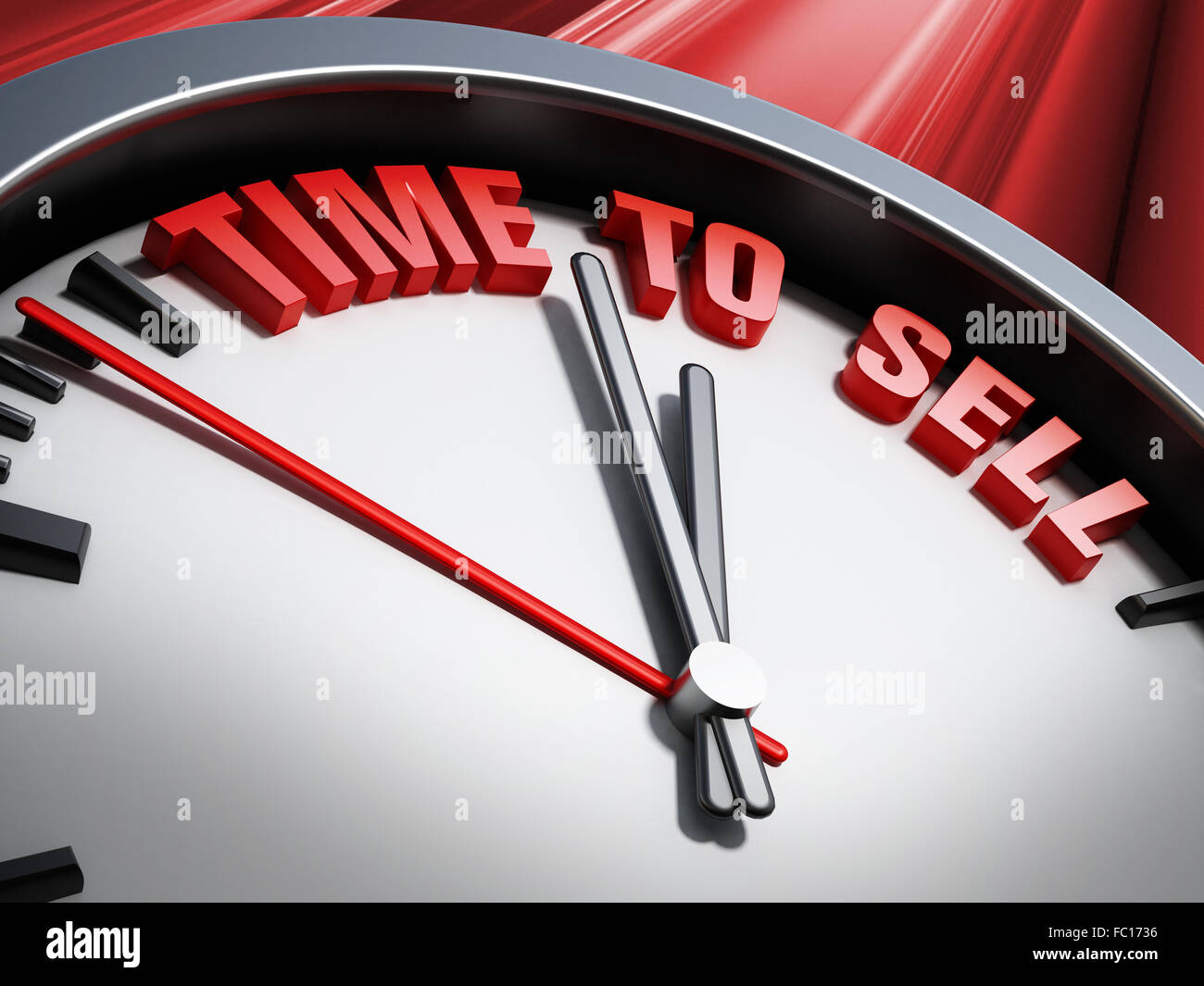 Zeit zu verkaufen Anweisung geschrieben auf der Uhr vor rotem Hintergrund Stockfoto