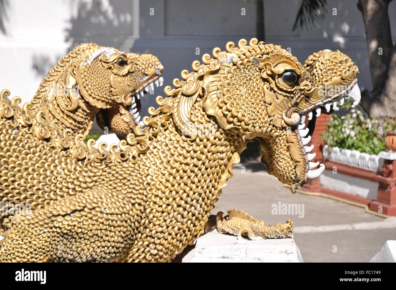 Goldene Drachen Statuen im Wat Saen Mueang Mai Luang, buddhistische Tempel, Chiang Mai, Thailand Stockfoto