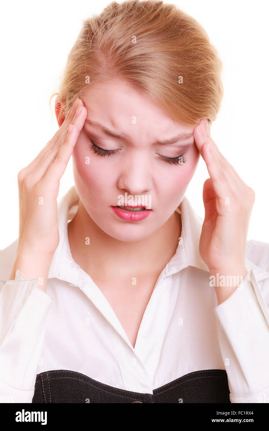 Kopfschmerzen. Frau mit Kopf Schmerzen isoliert. Stockfoto
