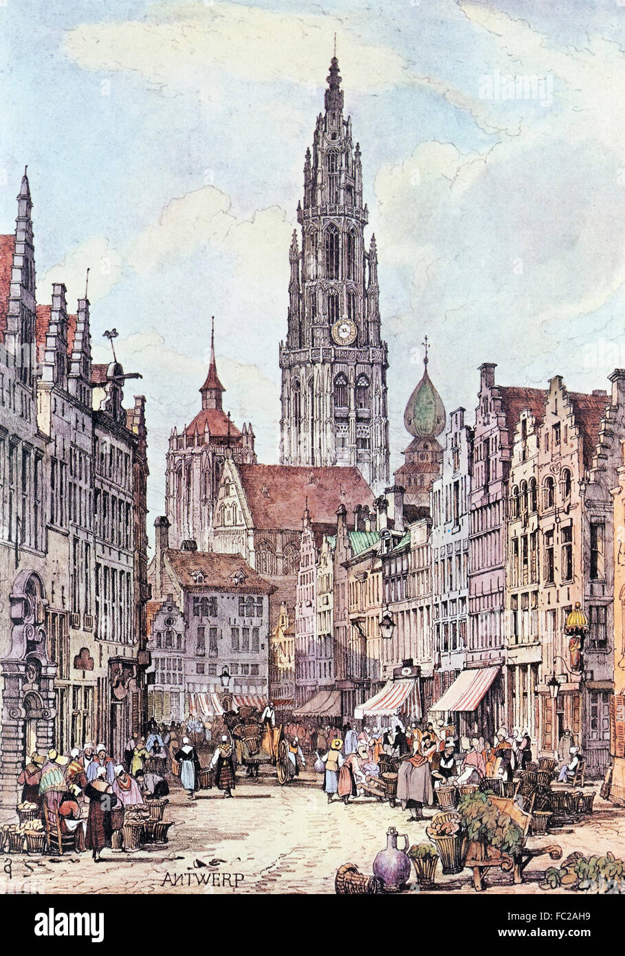 Farbe Lithographie, ca. 1830, Blick auf die Stadt, Kathedrale, Antwerpen, Belgien Stockfoto