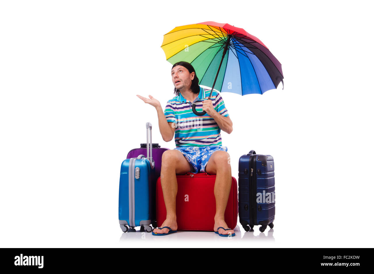 Reisende mit Koffern und Dach isoliert auf weiss Stockfoto