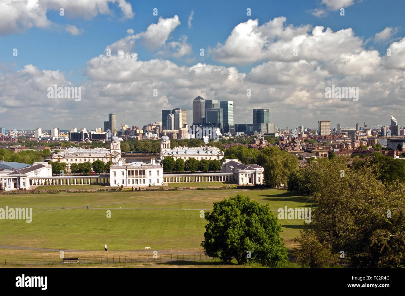 Greenwich Park und Canary Wharf - London Stockfoto