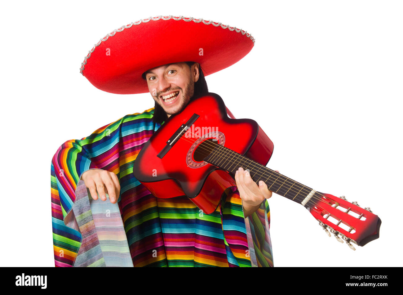 Mexikanisch in lebendige Poncho halten Gitarre isoliert auf weiss Stockfoto