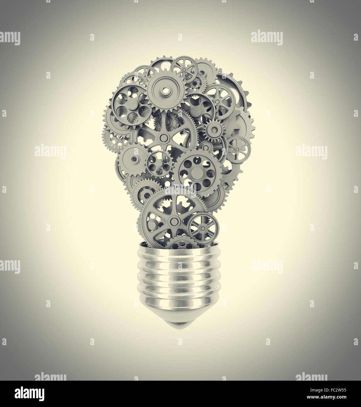 klassische Glühlampe und Getriebe 3D-Bild Stockfoto