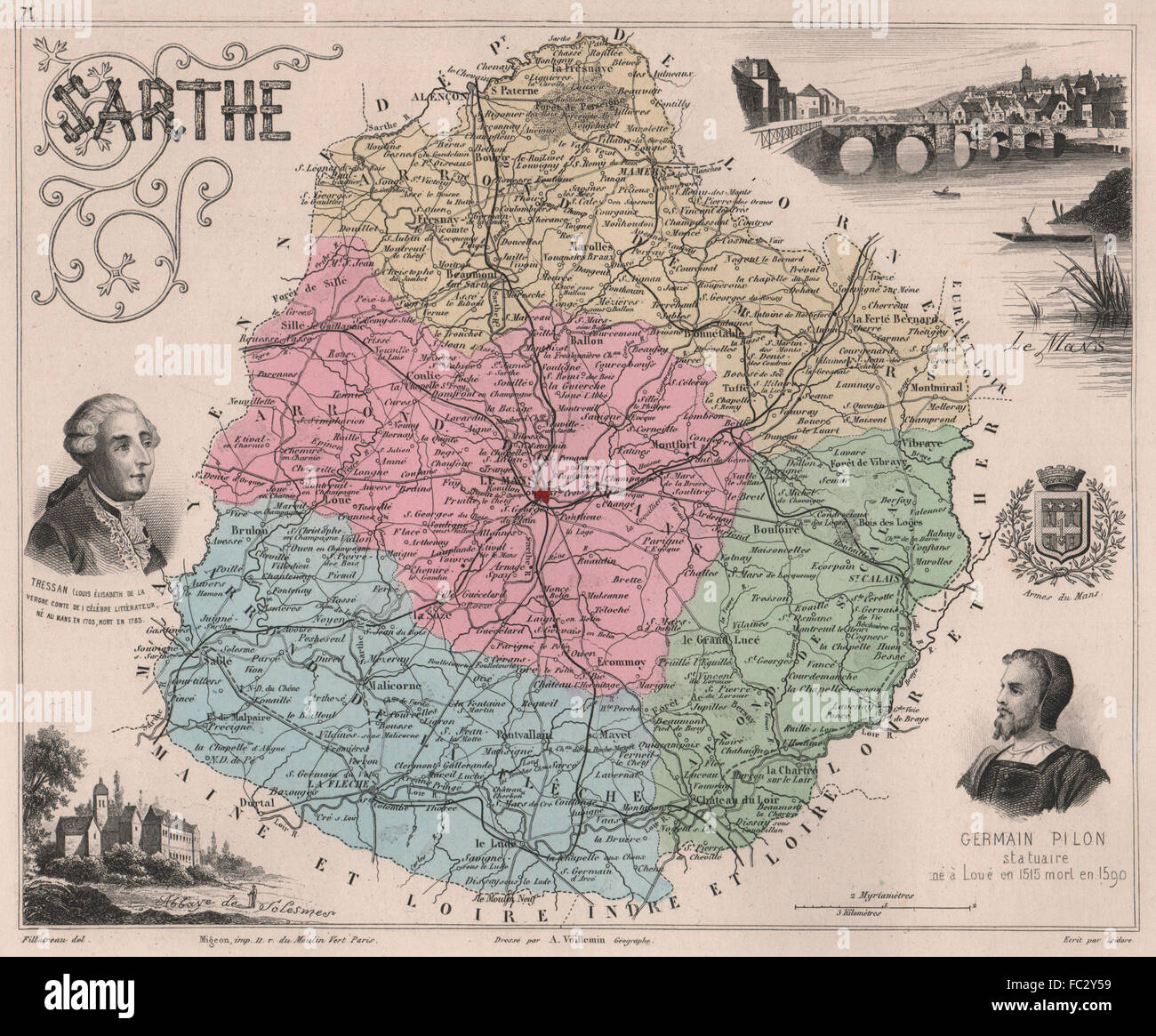 SARTHE. Département. Le Mans. Tressan. Pilon. VUILLEMIN, 1879 Antike Landkarte Stockfoto