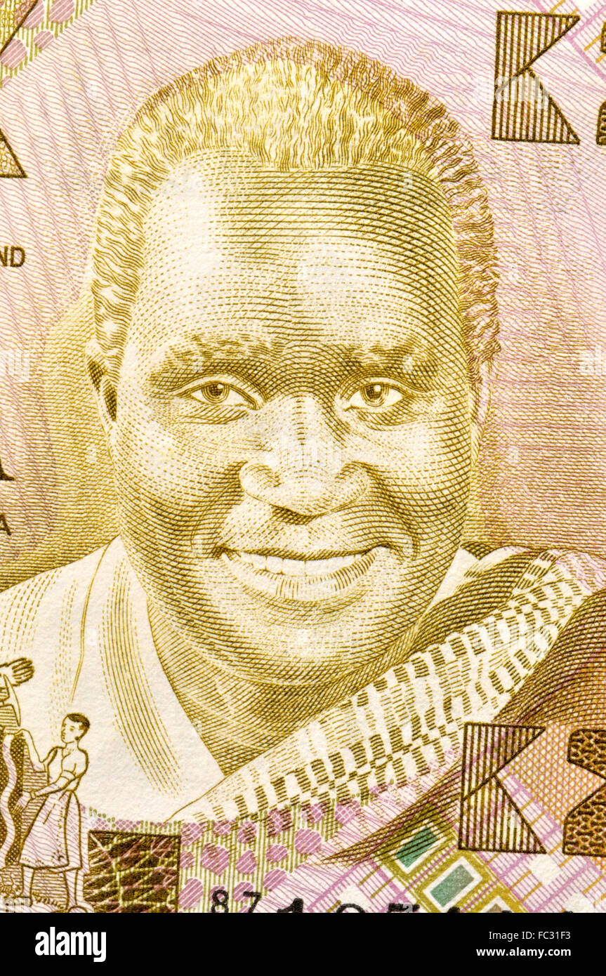 Sambische zwei Kwacha-Banknote von 1987 - Detail mit Präsident Kenneth Kaunda Stockfoto