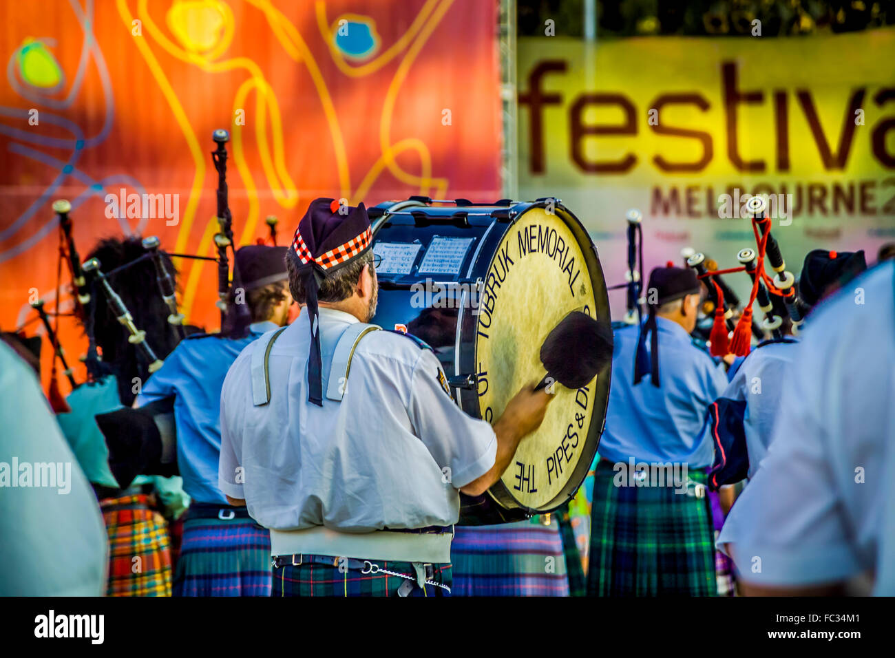 Schottische Pipe Band am Festival Melbourne, Australien Stockfoto