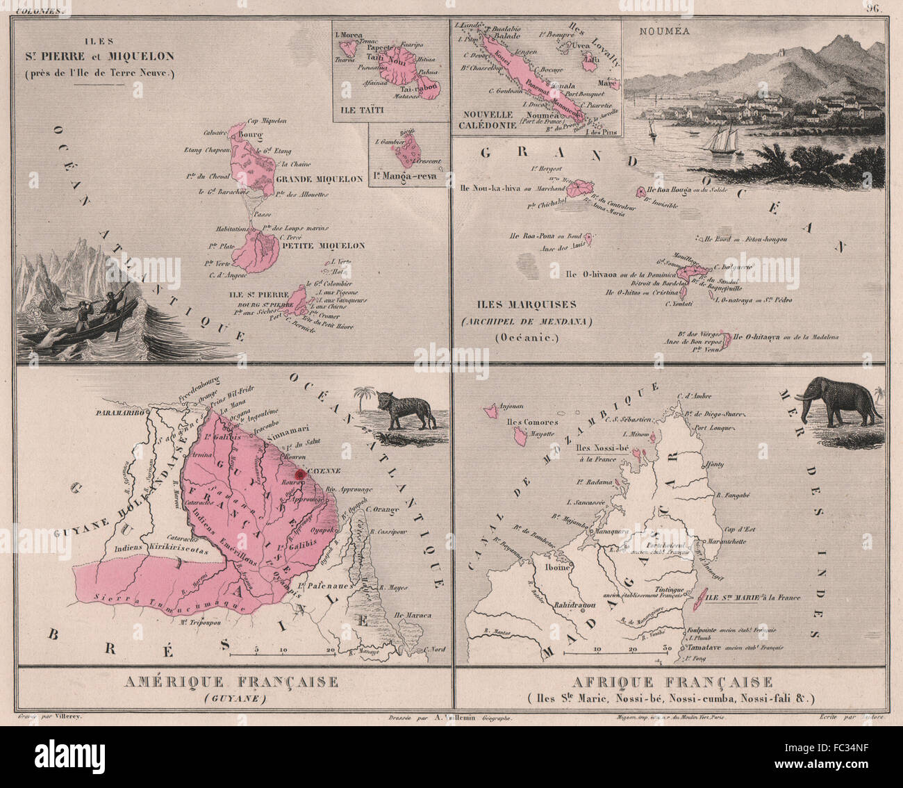 Kolonien FRANÇAISES Miquelon Marquises Guyane Comores Nouméa.VUILLEMIN, 1879-Karte Stockfoto