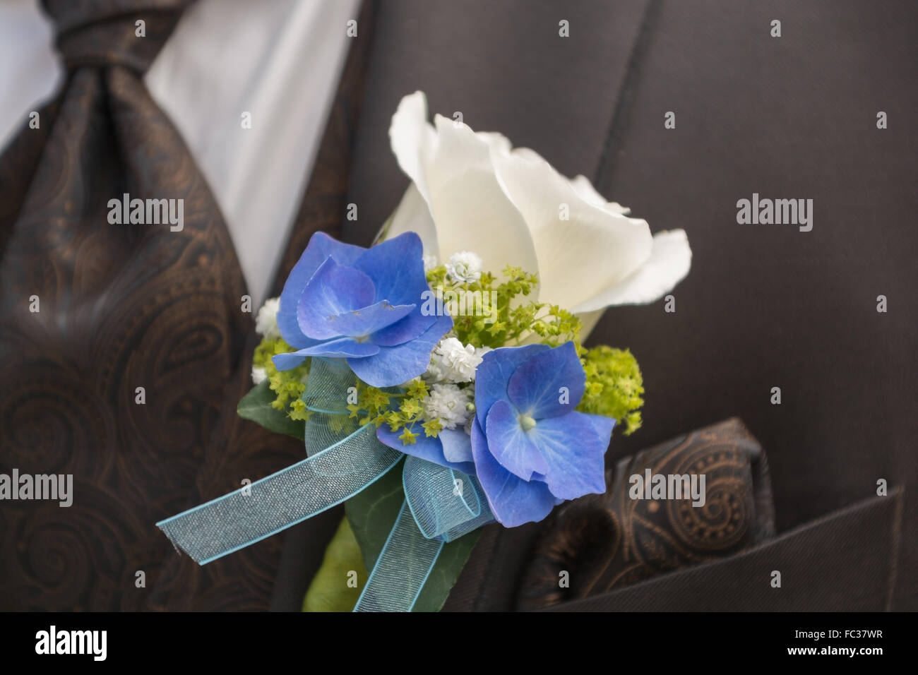 Corsage und Krawatte des Bräutigams Stockfoto