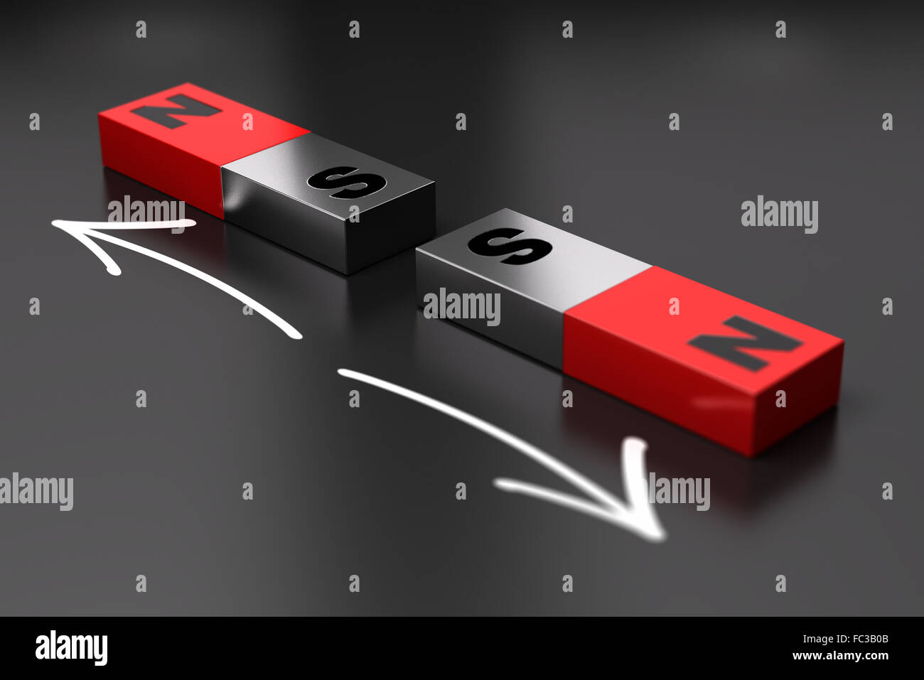 Zwei Dipole Magneten stößt jeden anderen. Schwarzem Hintergrund Stockfoto