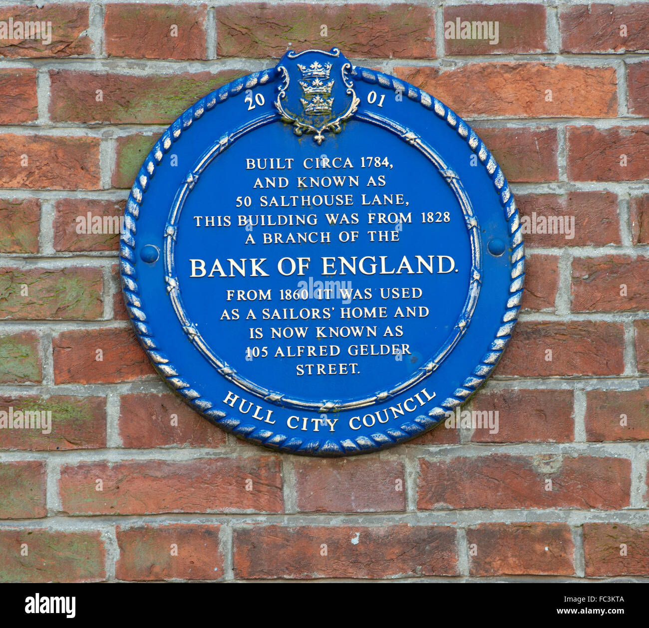 Blaue Plakette an Salthouse Lane, Hull, wo eine Filiale der Bank of England, Hull, East Yorkshire, England, Vereinigtes Königreich stand. Stockfoto