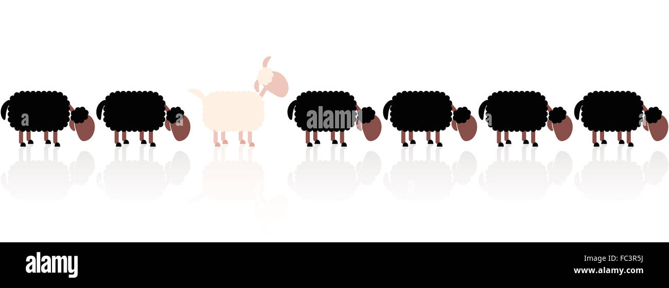 Schwarze Schafe Metapher betrachtet man es anders herum. Comic-Illustration auf weißem Hintergrund. Stockfoto