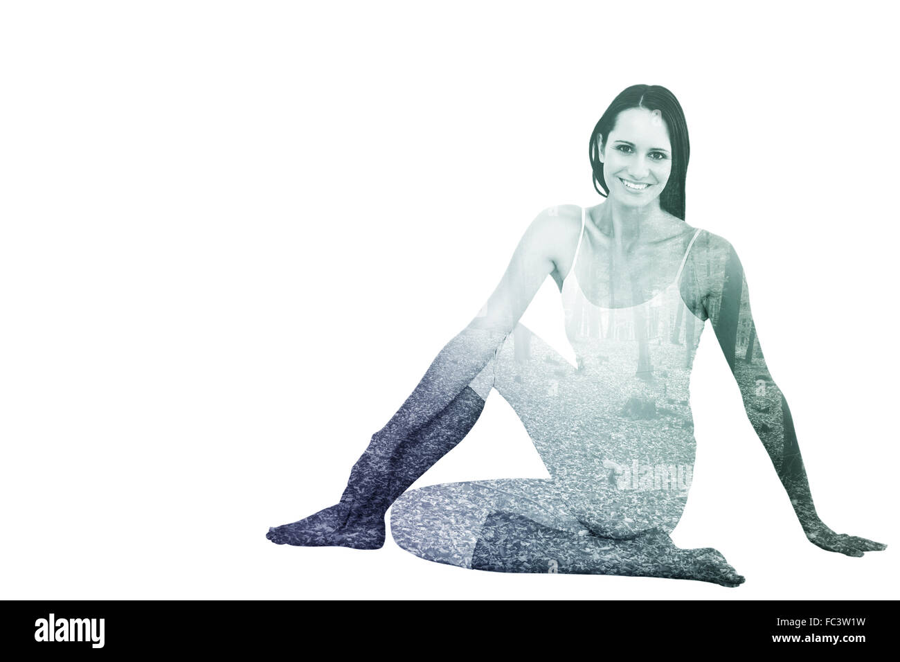 Zusammengesetztes Bild Fit Frau tun die halbe spinal Twist-Pose im Fitness-studio Stockfoto