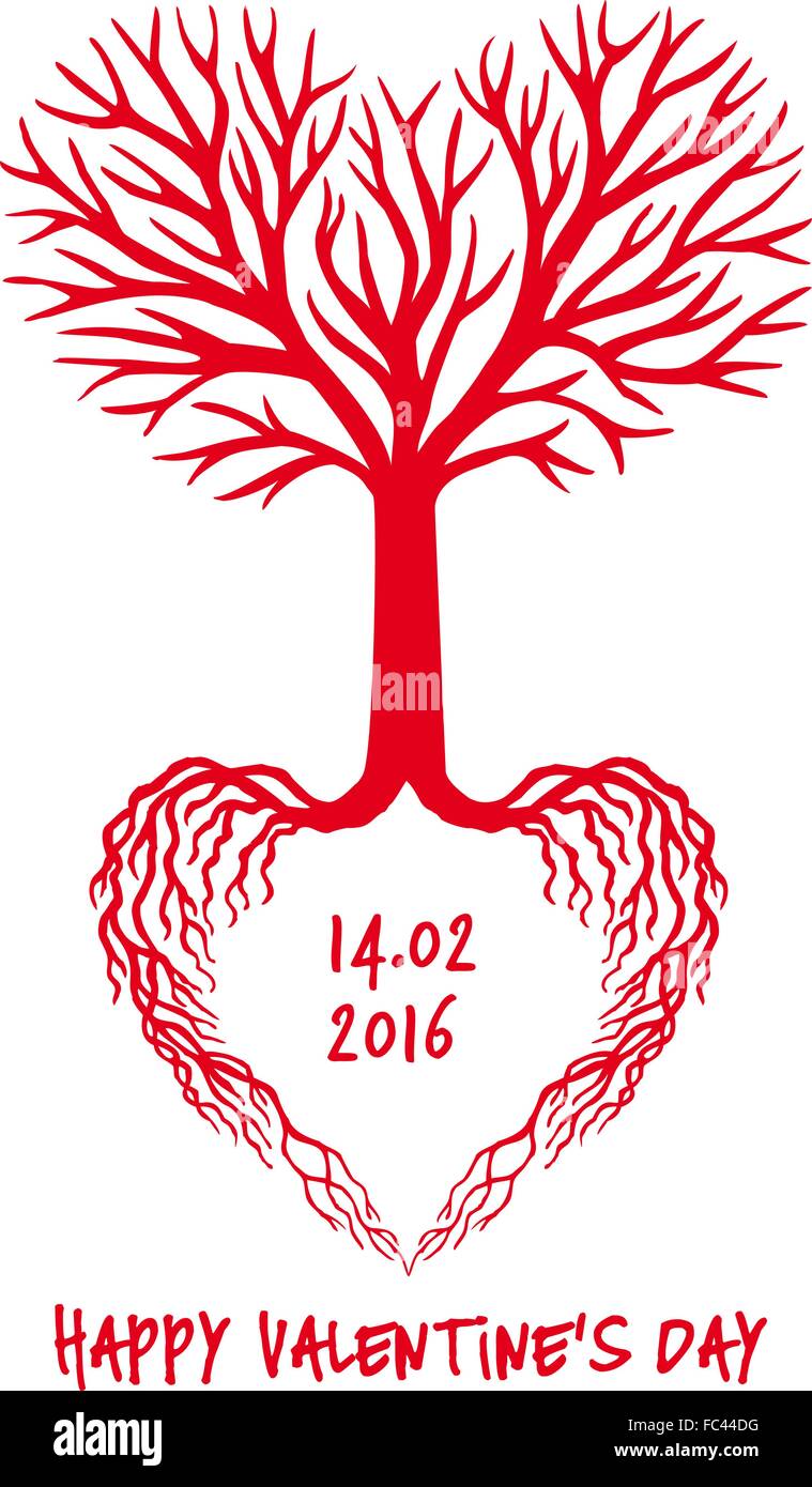 Rote Liebe Baum mit herzförmigen Ästen und Wurzeln, Vektor-Karte zum Valentinstag Stock Vektor