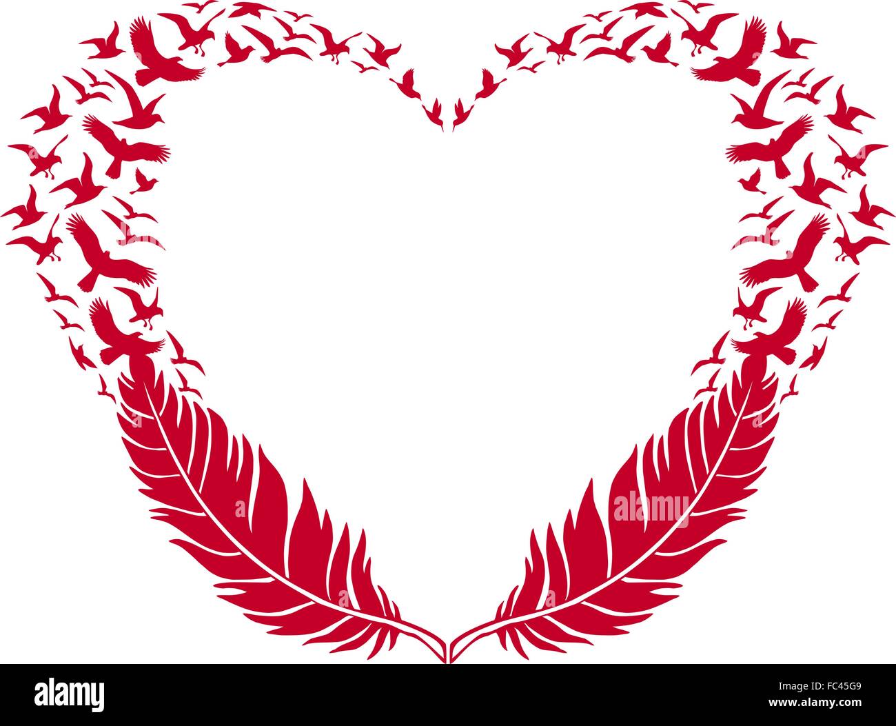 Rotes Herz mit Federn und fliegende Vögel, Vector Illustration für den Valentinstag Stock Vektor