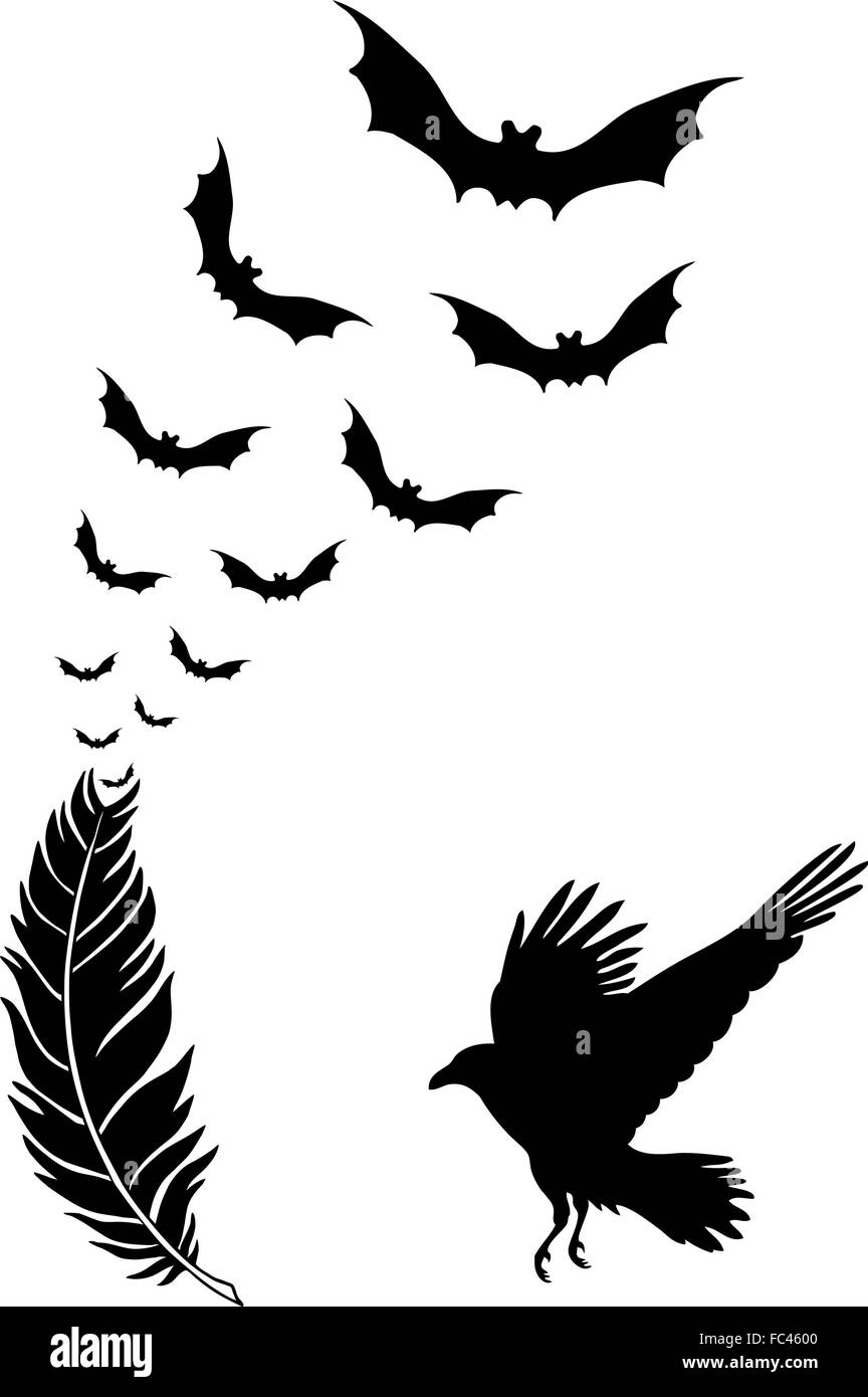 Raven Feder mit Halloween Fledermäuse fliegen, Vektor Stock Vektor