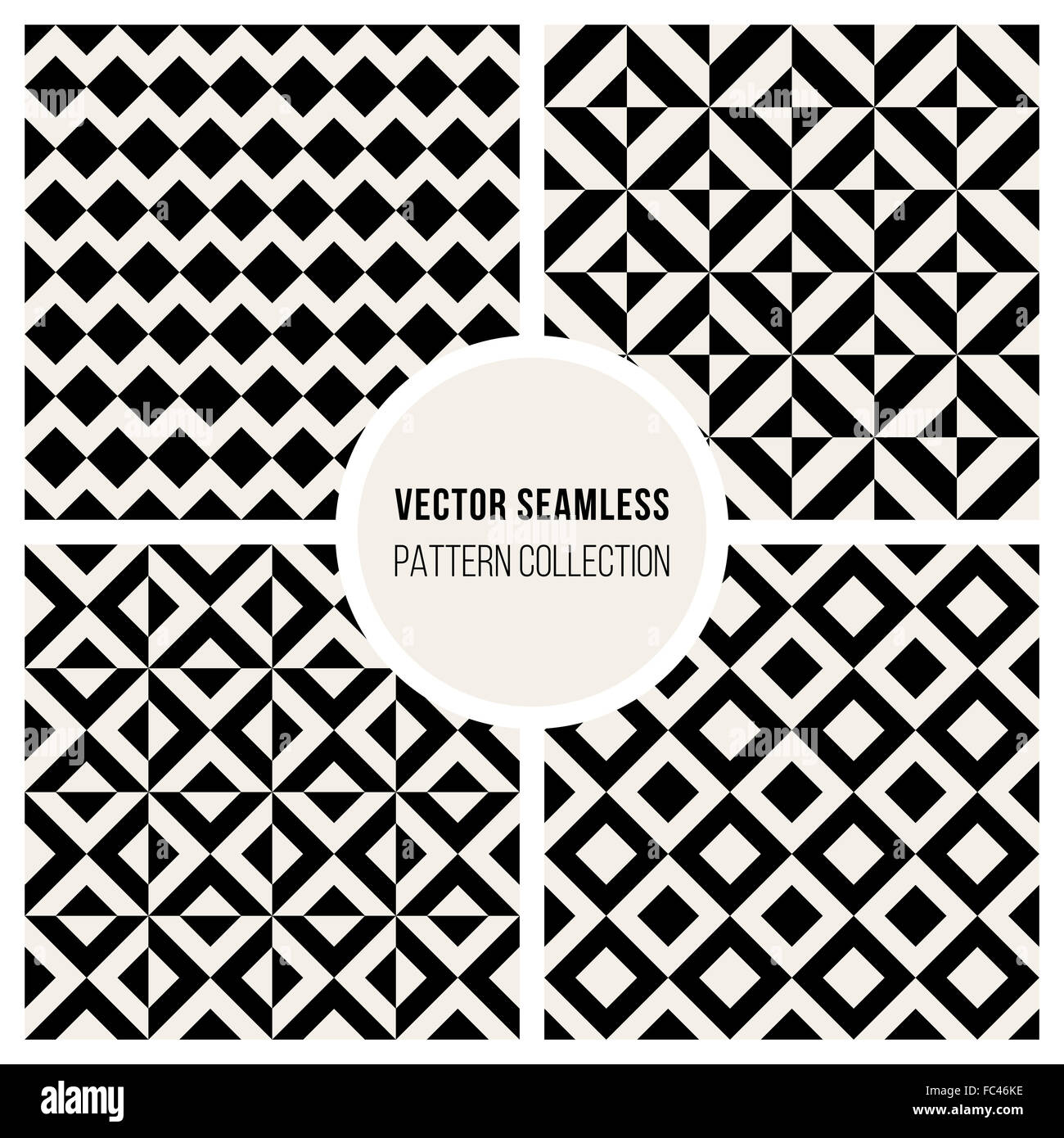 Satz von vier nahtloses Schwarzes und weißes Quadrat geometrische Muster-Kollektion Stockfoto