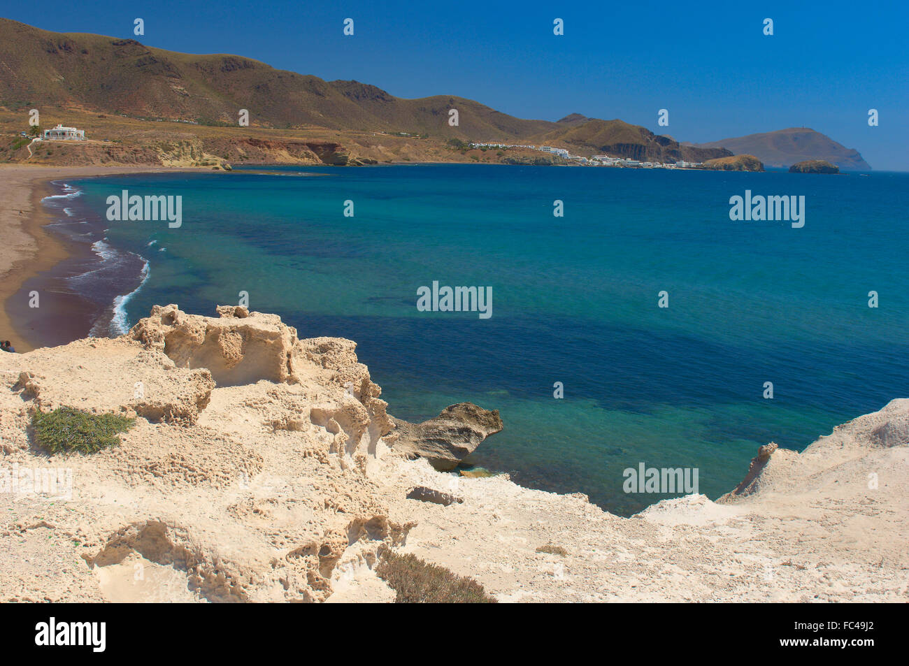 Cabo de Gata, Los Escullos, Playa del Arco, Strand El Arco, Cabo de Gata-Nijar Natural Park. Almeria, Andalusien, Spanien Stockfoto