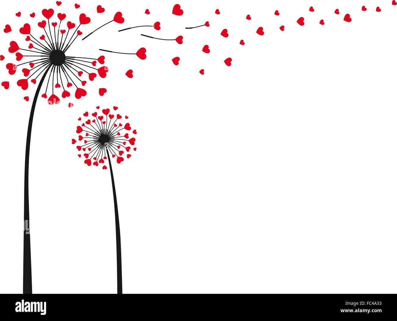 Liebe liegt in der Luft, Löwenzahn mit fliegenden rote Herzen, Vektor-illustration Stock Vektor