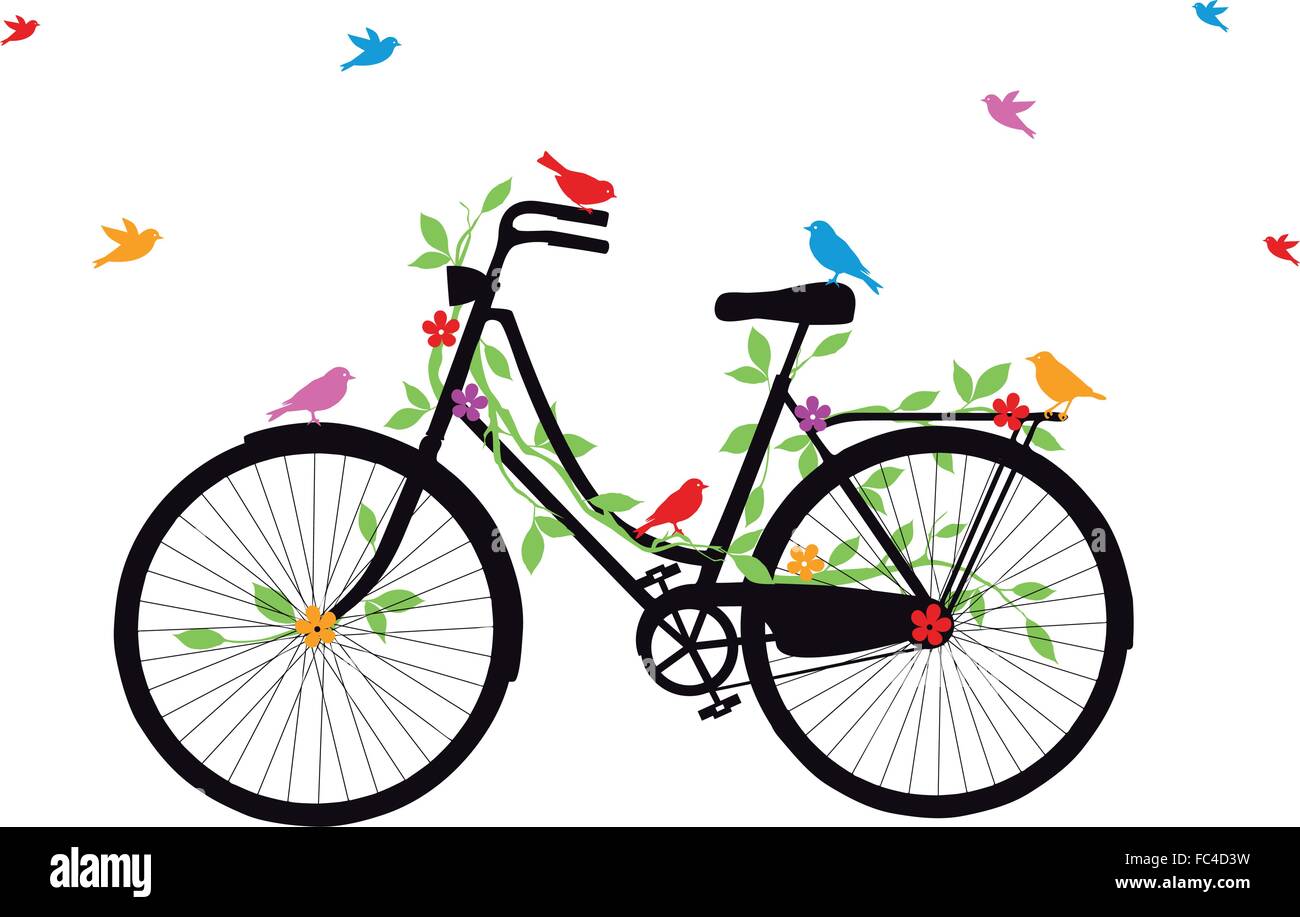 Oldtimer Fahrrad mit Vögel, Blätter und Blumen, Vektor-illustration Stock Vektor