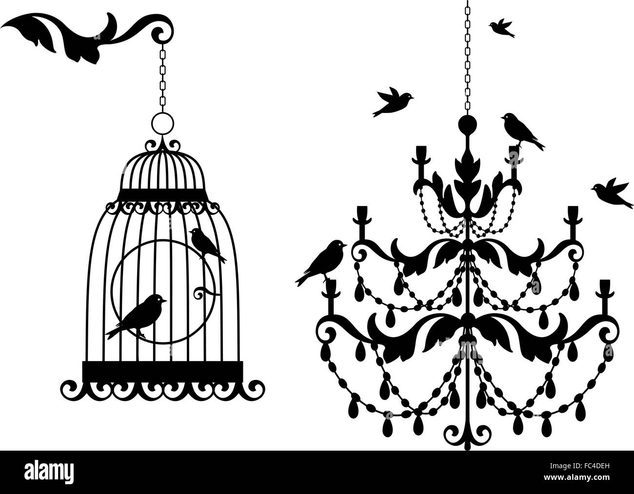 Vintage Kronleuchter und Vogelkäfig mit fliegenden Vögel, Vektor-illustration Stock Vektor
