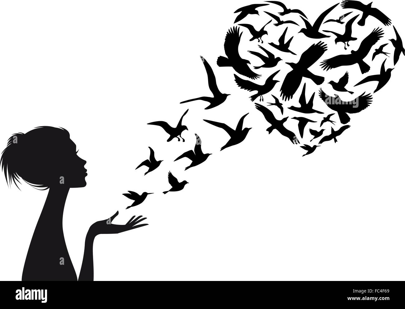 Fliegende Vögel mit Frauen-Silhouette, Vektor-Illustration in Herzform ...