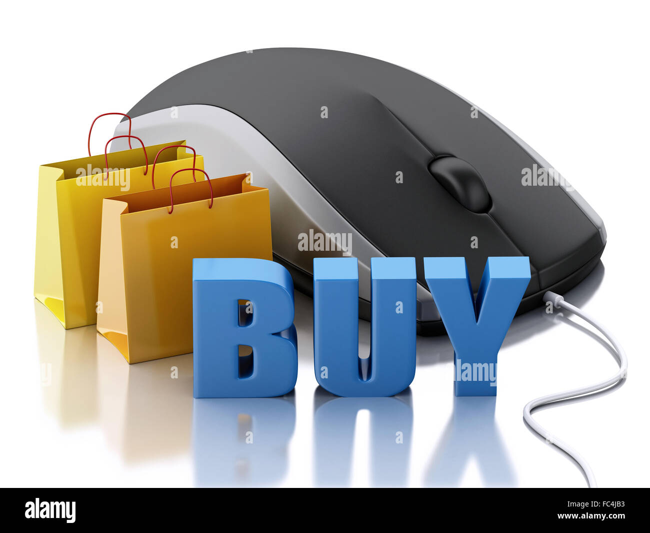 3D Computer-Maus mit Einkaufstüten. E-commerce Stockfoto