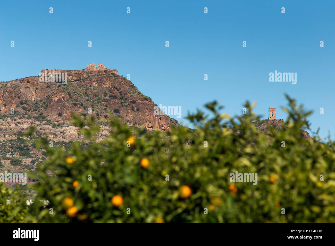 Spanische Höhenburgen und Orangenbäumen Baumgruppen Stockfoto