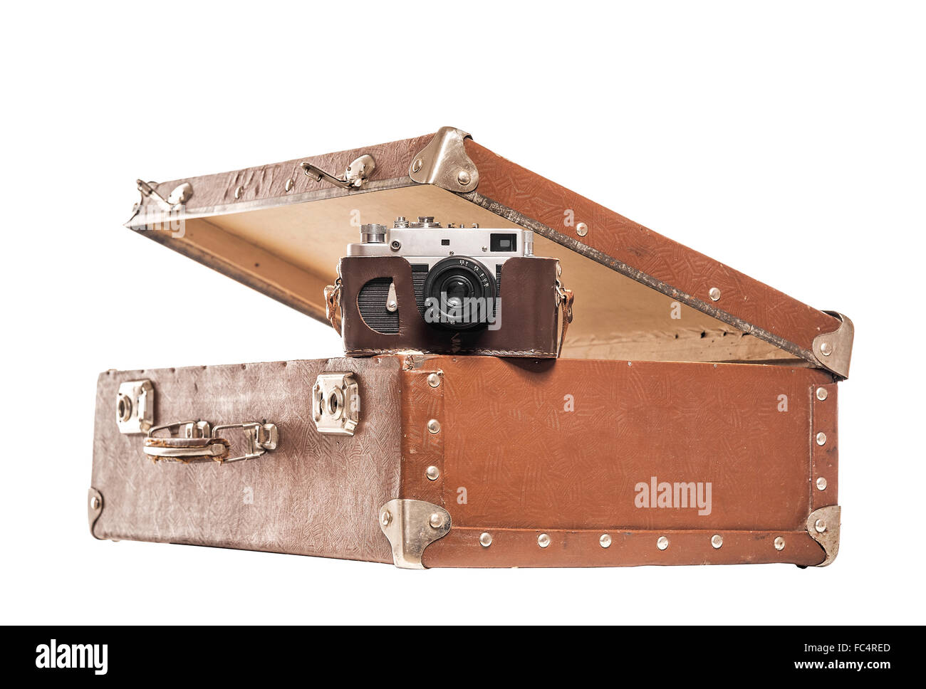 Alte Kamera in einem alten Koffer. Stockfoto