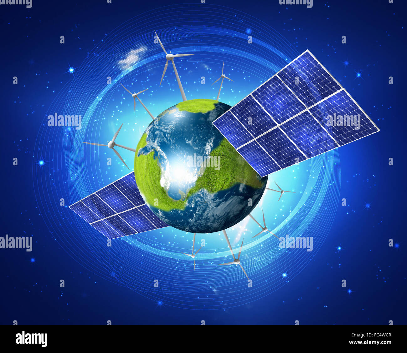 Grüner Planetenerde mit Solarenergie Batterien installiert ist Stockfoto