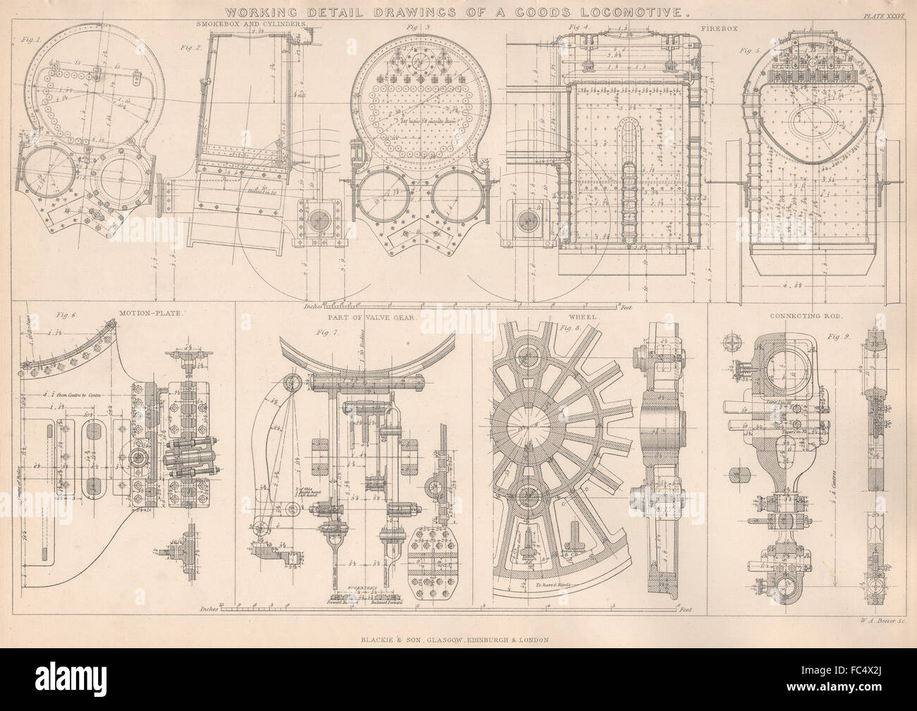 VIKTORIANISCHE ENGINEERING ZEICHNUNG. Lokomotive waren. Detail-Arbeitszeichnungen, 1876 Stockfoto